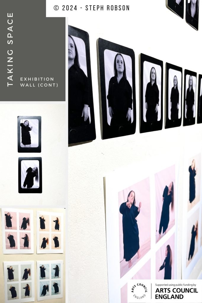 Various black and white photos of performance artist, Alice Lambert, arranged artistically on a cream coloured wall. All rights reserved © 2024 Steph Robson 
