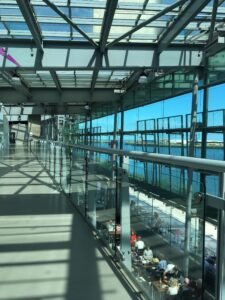 Sunderland National Glass Centre - view of opposite dockland and the ground-floor restaurant from the first floor of the venue.