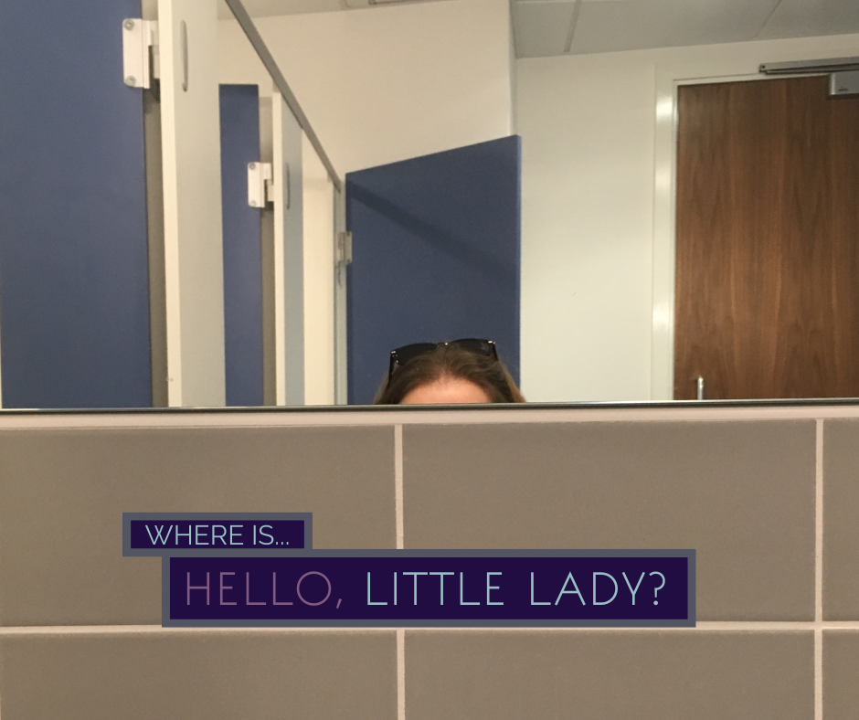 Blog Post - Photo of Hello, Little Lady's forehead in a mirror that is too high with the text Where is Hello, Little Lady?